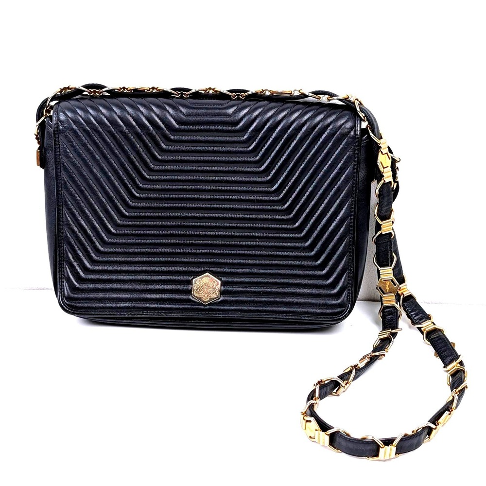 Revillon Paris Vintage Black Quilted Leather Shoulder Bag Made in France Gold